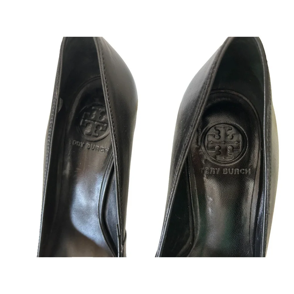 Tory Burch Black Leather Platform Pump Rounded Almond Toe Stiletto Heels 7.5 EUC